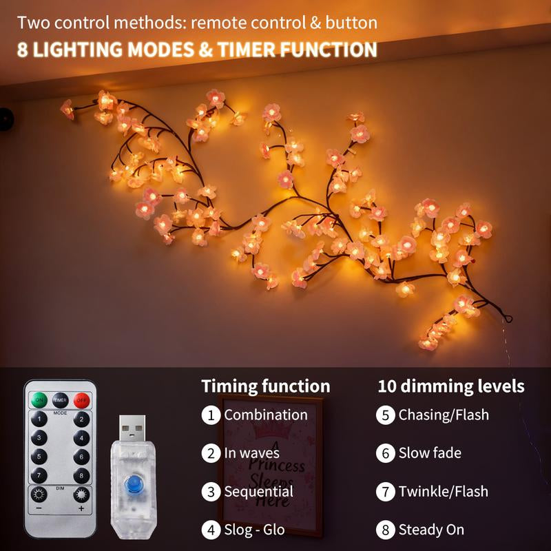 LED Cherry Blossom Rose Twig Fairy Light, 1.8M Flexible LED Branch String with 8 Lighting Modes, Outdoor Indoor Decorative Tree Vine Lights for Wedding Party Garden Christmas Decor