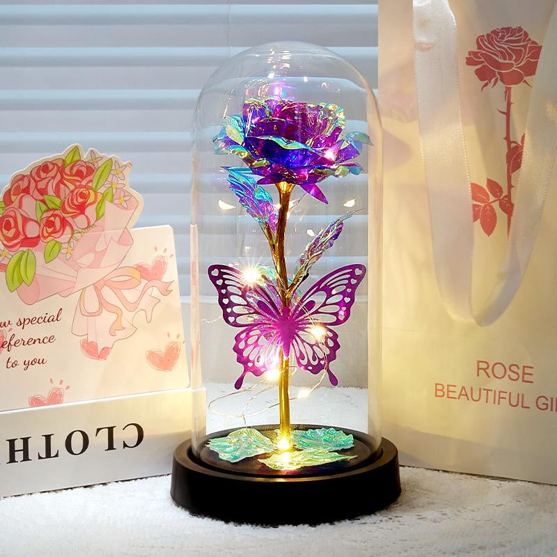Valentines Day Rose Gifts for Her,Valentines Day Flowers Gifts for Mom Women Girlfriend,Birthday Gifts for Women,Valentines Gifts for Wife,Purple Butterfly Rose ，Colorful Light up Rose in a Glass Dome,Anniversary Valentines Roses Gift for Wife Daughter