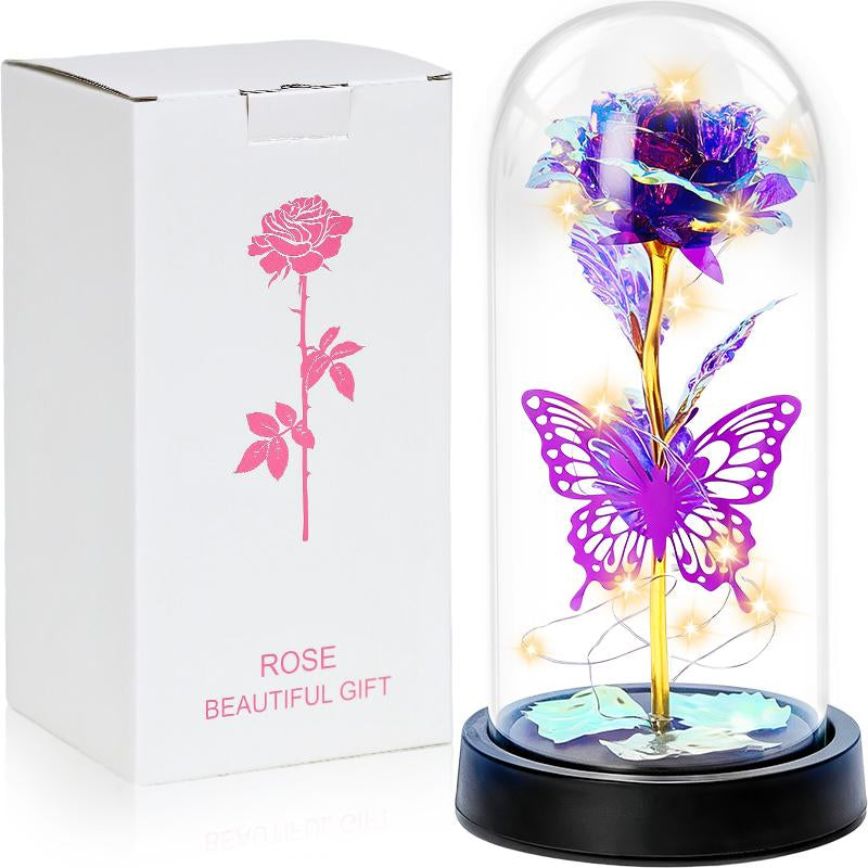 Valentines Day Rose Gifts for Her,Valentines Day Flowers Gifts for Mom Women Girlfriend,Birthday Gifts for Women,Valentines Gifts for Wife,Purple Butterfly Rose ，Colorful Light up Rose in a Glass Dome,Anniversary Valentines Roses Gift for Wife Daughter
