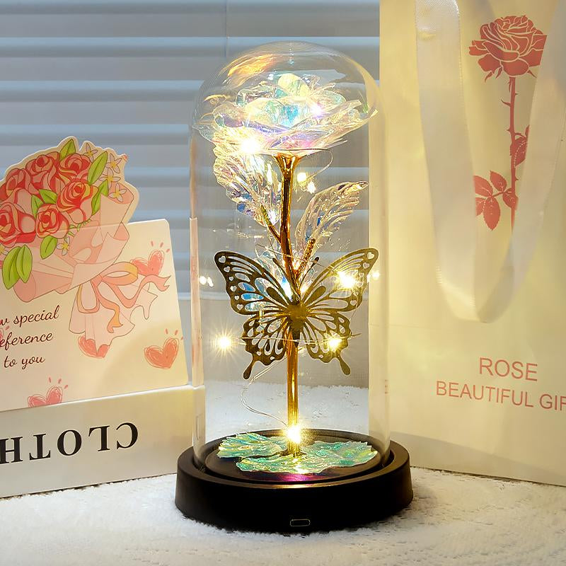 Valentines Day Rose Gifts for Her,Valentines Day Flowers Gifts for Mom Women Girlfriend,Birthday Gifts for Women,Valentines Gifts for Wife,Purple Butterfly Rose ，Colorful Light up Rose in a Glass Dome,Anniversary Valentines Roses Gift for Wife Daughter