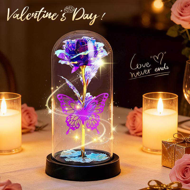 Valentines Day Rose Gifts for Her,Valentines Day Flowers Gifts for Mom Women Girlfriend,Birthday Gifts for Women,Valentines Gifts for Wife,Purple Butterfly Rose ，Colorful Light up Rose in a Glass Dome,Anniversary Valentines Roses Gift for Wife Daughter